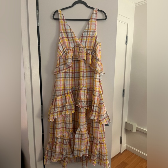 NWT Cinq a Sept Astor tiered midi dress - white sheer multi plaid - Picture 6 of 6